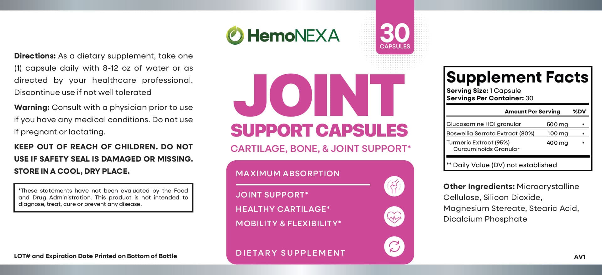 Joint Support Capsules 1 Bottle supplement facts label
